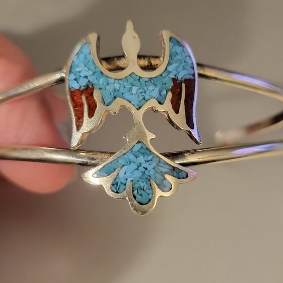 Jewelry - Native American Navajo Sterling Silver Handcrafted Bird Turquoise Inlaid Cuff